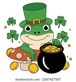 Lucky Frog with Gold Coins and Shamrocks Illustration