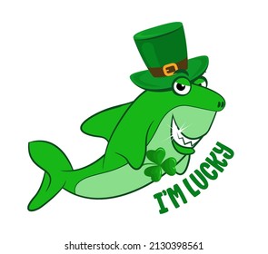 I am lucky - funny St Patrik's Day kawaii character design with green shark on white background. Good for posters, flyers, t-shirts, cards, invitations, stickers, banners, gifts.