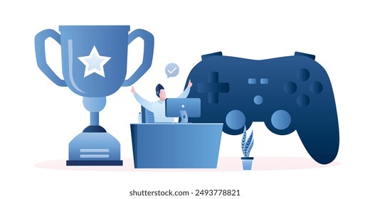 Lucky gamer won winner cup. Winning an esports tournament. Gamification, marketing strategy for customer to achieve target and win prize. Happy man uses computer and big game joystick. Trophy award.