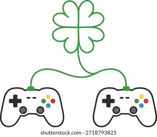 Afortunados controladores de juegos con cable de trébol Ilustración vectorial del día de San Patricio aislada sobre fondo blanco