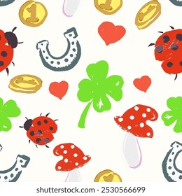 Lucky german symbols pattern hand draw. Vector. A dice, a mushroom, coins, ladybug, piggy in beautiful colors with texture