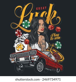 Lucky girl colorful vintage poster with playing cards and casino chips near car for lowriding tournament vector illustration