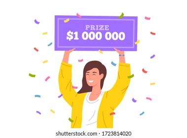 Lucky girl win lottery. Huge money prize in lottery. Happy winner holding bank check for million dollars. Vector illustration