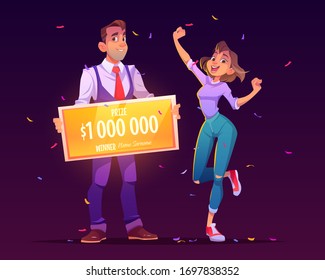 Lucky Girl Win Lottery Jackpot. Happy Winner And Man Holding Bank Check For Million Dollars. Vector Cartoon Illustration Of Gambling Game With Huge Money Prize In Casino