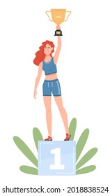 The lucky girl winner stands on a pedestal holding the gold cup of the champion over her head. Modern flat cartoon illustration