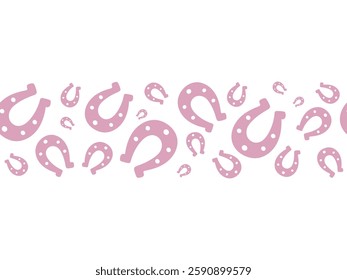 Lucky glamorous horseshoe. Pink silhouette. Seamless single horizontal border. Endless vector pattern. Isolated colorless background. Symbol of good luck. Continuous ornament. Flat style. 