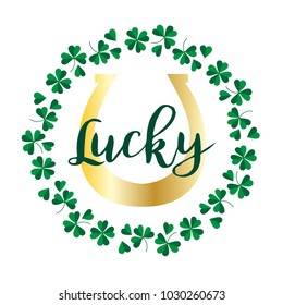 lucky gold horseshoe in shamrock circle frame