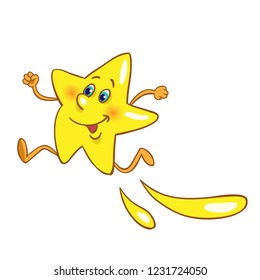 Lucky gold star in cartoon style running. Isolated on white background.