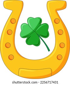 Lucky golden horseshoe with a four-leaf clover. A symbol of good luck
