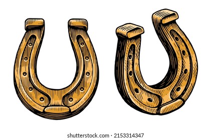 Lucky golden Horseshoe on white background. Vintage vector engraving illustration