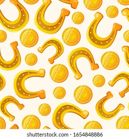 Lucky golden horseshoes and coins on white. Vector seamless pattern for Saint Patrick's Day holiday design.