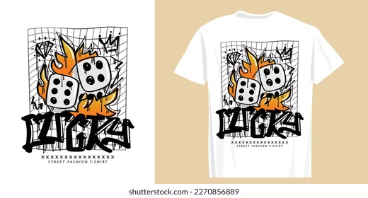 Lucky graffiti style text. Dice and flame drawing. Vector illustration design for fashion graphics, t shirt prints.