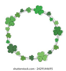 Lucky green clover frame for Irish festival St Patrick s day. Outline shamrock. Clover round frame line. St Patrick's day background with shamrock.