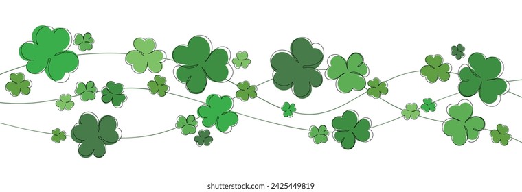 Lucky green clover for Irish festival St Patrick s day. Outline shamrock. Clover border divider line. St Patrick's day background with shamrock. Green beads with clover leaf, border, banner