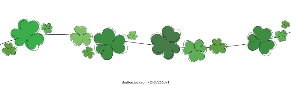 Lucky green clover for Irish festival St Patrick s day. Outline shamrock. Clover border divider line. St Patrick's day background with shamrock. Green beads with clover leaf, border, banner