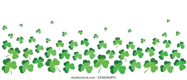 Lucky green clover for Irish festival St Patrick s day. Outline shamrock. Clover border divider line. St Patrick's day background with shamrock. Green beads with clover leaf, border, banner