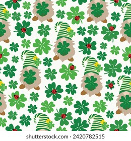 Lucky green clover leaves with gnomes hand drawn seamless pattern vector illustration for invitation greeting birthday party celebration wedding card poster banner textiles wallpaper background