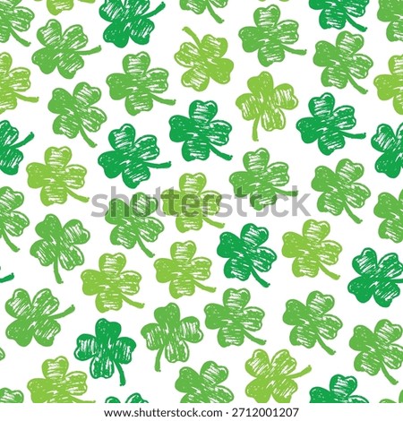 Lucky green four leaf clover seamless pattern for day of St. Patricks. National Irish holiday hand drawn grungy elements for textile, packaging and gift wrapping