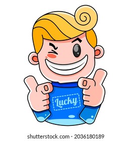 Lucky guy in a blue sweater with the inscription lucky smiles vector illustration for prints, T-shirts, covers.