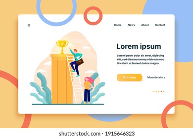 Lucky guy winning prize. Man climbing to gold cup, woman holding ladder flat vector illustration. Teamwork, success, leadership concept for banner, website design or landing web page