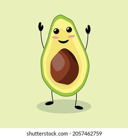 The lucky half of an avocado. Anthropomorphic image of a fruit. Green avocado with raised arms, legs and face in a happy mood. Vector illustration isolated on a light yellow background.