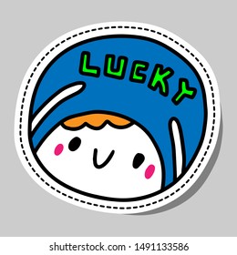 Lucky hand drawn vector illustration in cartoon style happy man cheerful lettering blue background