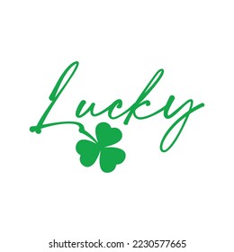 Lucky. Hand lettering word with clover leaves. Vector typography for St. Patrick's Day decorations, posters, cards, t shirts, pubs