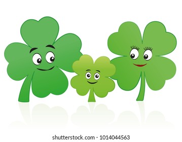 Lucky, happy clover leaf family - mother, father and child with smiling faces - isolated comic vector illustration on white background.