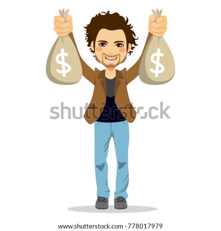 Lucky happy man smiling holding dollar money bags winning lottery prize
