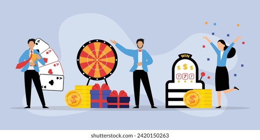 Lucky happy man woman characters win million jackpot in lottery or slot machine 2d vector illustration