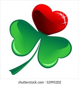 Lucky heart Clover with four leaves. Valentines icon, isolated on white, vector