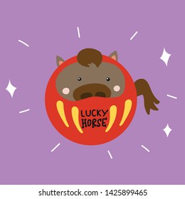 Lucky Horse Daruma (Japanese lucky charm) cute cartoon vector illustration doodle style