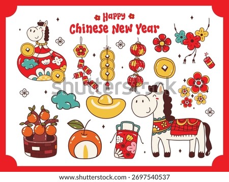 Lucky Horse and Festive Elements. Happy chinese new year. Vector illustration.