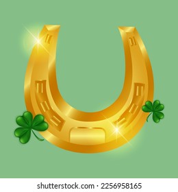 Lucky horseshoe and clover. Golden shiny horseshoe with clover shamrock on a green background. Happy symbol of the Irish holiday of St. Patrick's Day. Vector illustration.