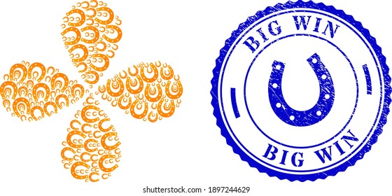Lucky horseshoe exploding flower with four petals, and blue round BIG WIN unclean watermark with icon inside. Element flower organized from oriented lucky horseshoe items.
