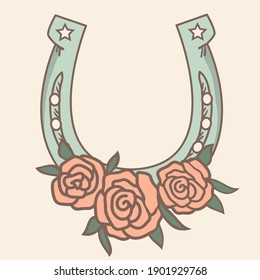 Lucky Horseshoe with floral decorations. Vector vintage illustration clipart isolated for design