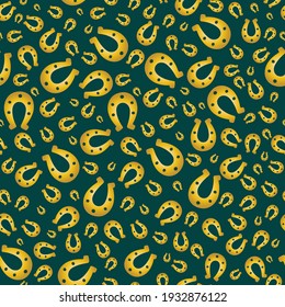 Lucky horseshoe. Gold shoe for horse hooves. Seamless vector pattern. Endless ornament. Isolated green background. Horse shoes. St. Patricks Day. Flat style. Idea for web design, covers, textiles. 