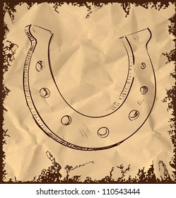 Lucky horseshoe icon isolated on vintage background. Hand drawing sketch vector illustration