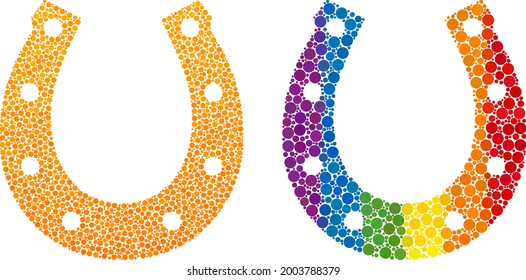 Lucky horseshoe mosaic icon of round items in different sizes and spectrum colored color hues. A dotted LGBT-colored lucky horseshoe for lesbians, gays, bisexuals, and transgenders.