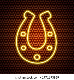 Lucky horseshoe. Neon glow. Gold shoe for horse hooves. Colored vector illustration. Isolated background. A symbol of happiness and good luck. Saint Patrick Day. Idea for web design, postcards.