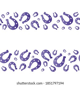Lucky horseshoe. Purple. Seamless double horizontal border. Repeating vector pattern. Isolated colorless background. Place for text. Symbol of luck. Endless ornament. Flat style. Abstract image. 