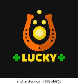 Lucky horseshoe for Saint Patrick day. Irish holiday symbol of leprechaun gold coins and shamrock clover leaf. Traditional Ireland celebration feast vector icon