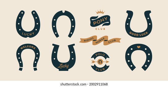 Lucky horseshoe. Set of horseshoes, graphic and lucky symbols. Design elements, set drawing, vintage hipster style. Horseshoe, typography, ribbon and good luck fortune sign. Vector Illustration