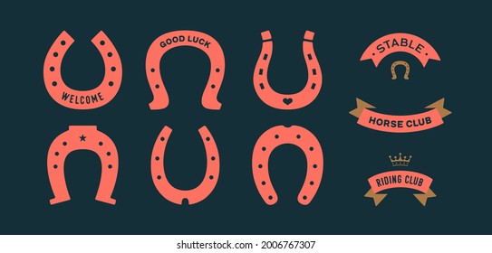 Lucky Horseshoe. Set Of Horseshoes, Graphic And Lucky Symbols. Design Elements, Set Drawing, Vintage Hipster Style. Horseshoe, Typography, Ribbon And Good Luck Fortune Sign. Vector Illustration