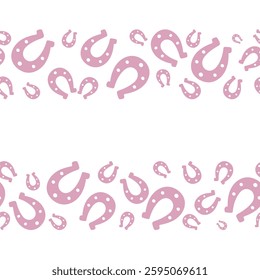 Lucky horseshoe silhouette. Seamless horizontal border. Border of two pink stripes. Place for text. Endless vector pattern. Isolated colorless background. Flat style. Continuous ornament. 