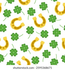 Lucky horseshoes and four leaf clovers festive seamless pattern for St. Patrick's Day.