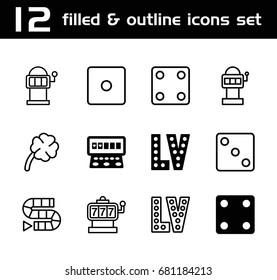 Lucky icon. set of 12 lucky filled and outline icons such as dice, slot machine, vegas, clover, dice game