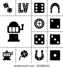 Lucky icon. set of 13 filled luckyicons such as roulette, slot machine, horseshoe, dice, vegas, clover, horseshoe