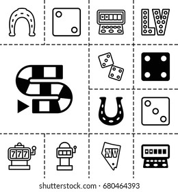 Lucky icon. set of 13 filled and outline lucky icons such as dice, slot machine, horseshoe, horseshoe, vegas, dice game, dice
