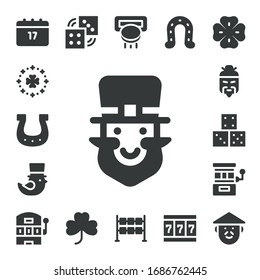 lucky icon set. 17 filled lucky icons. Included Saint Patrick, Horseshoe, Leprechaun, Chinese, Dice, Slot machine, Dices, Clover icons